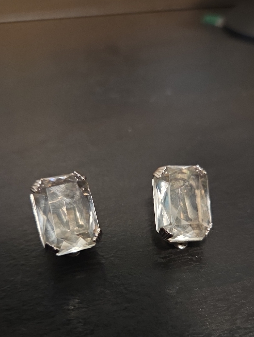 [Vintage] Signed Continental Clear Crystal Rectangular Clip On Earrings